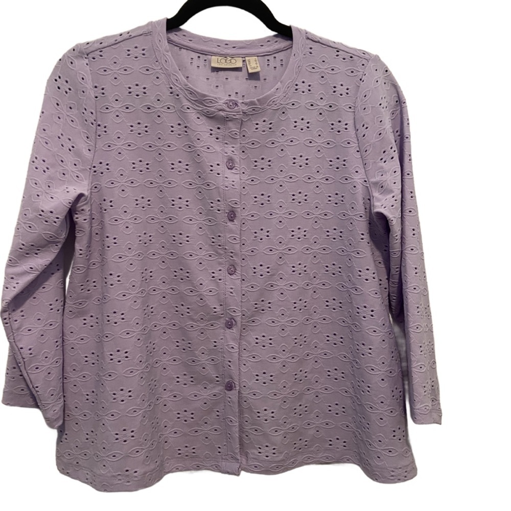 LOGO by Lori Goldstein Stretch Eyelet Button Front Cardigan Lavender S New - Picture 4 of 14